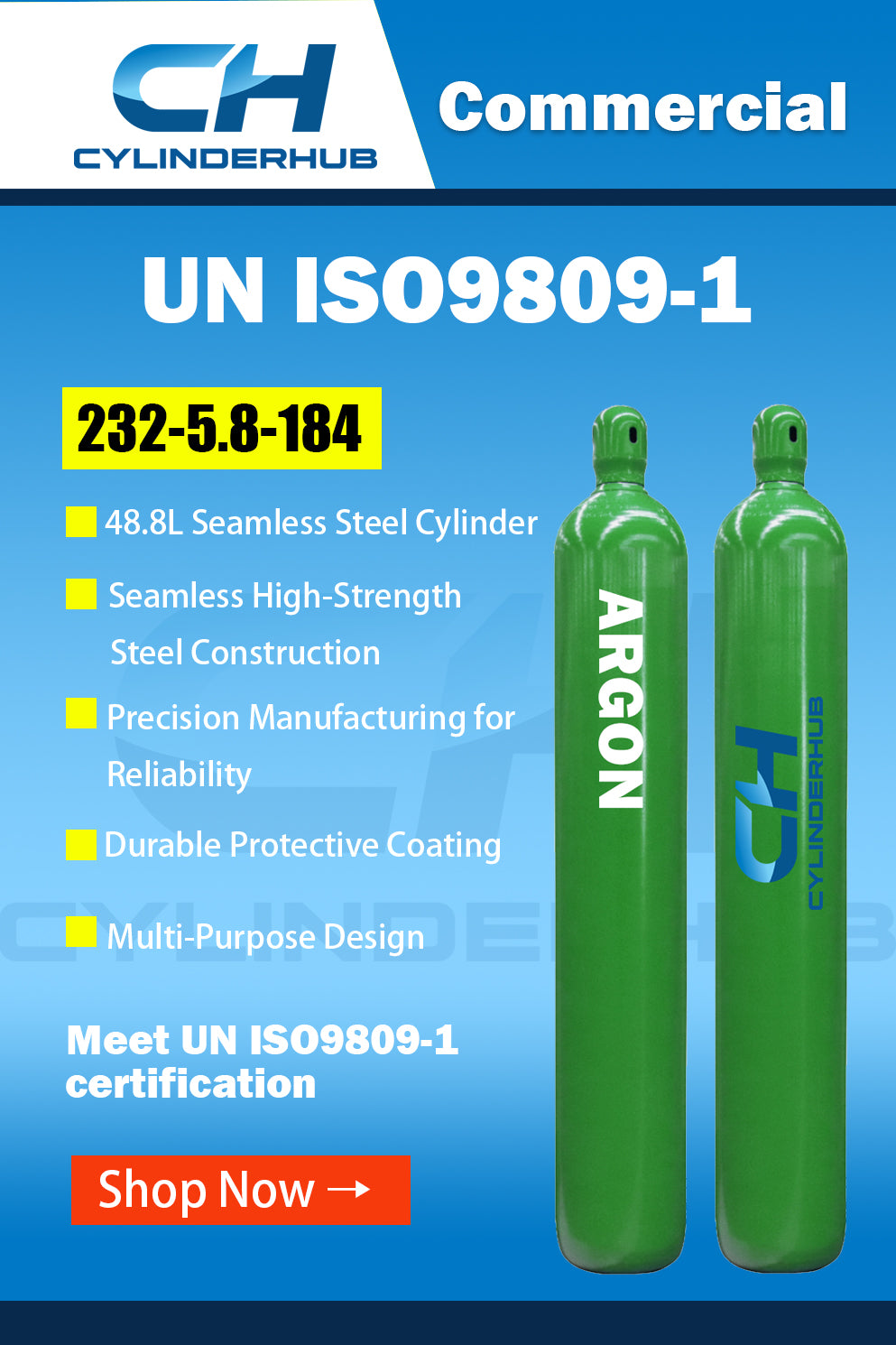 48.8L Seamless Steel Cylinder, Diameter 232mm