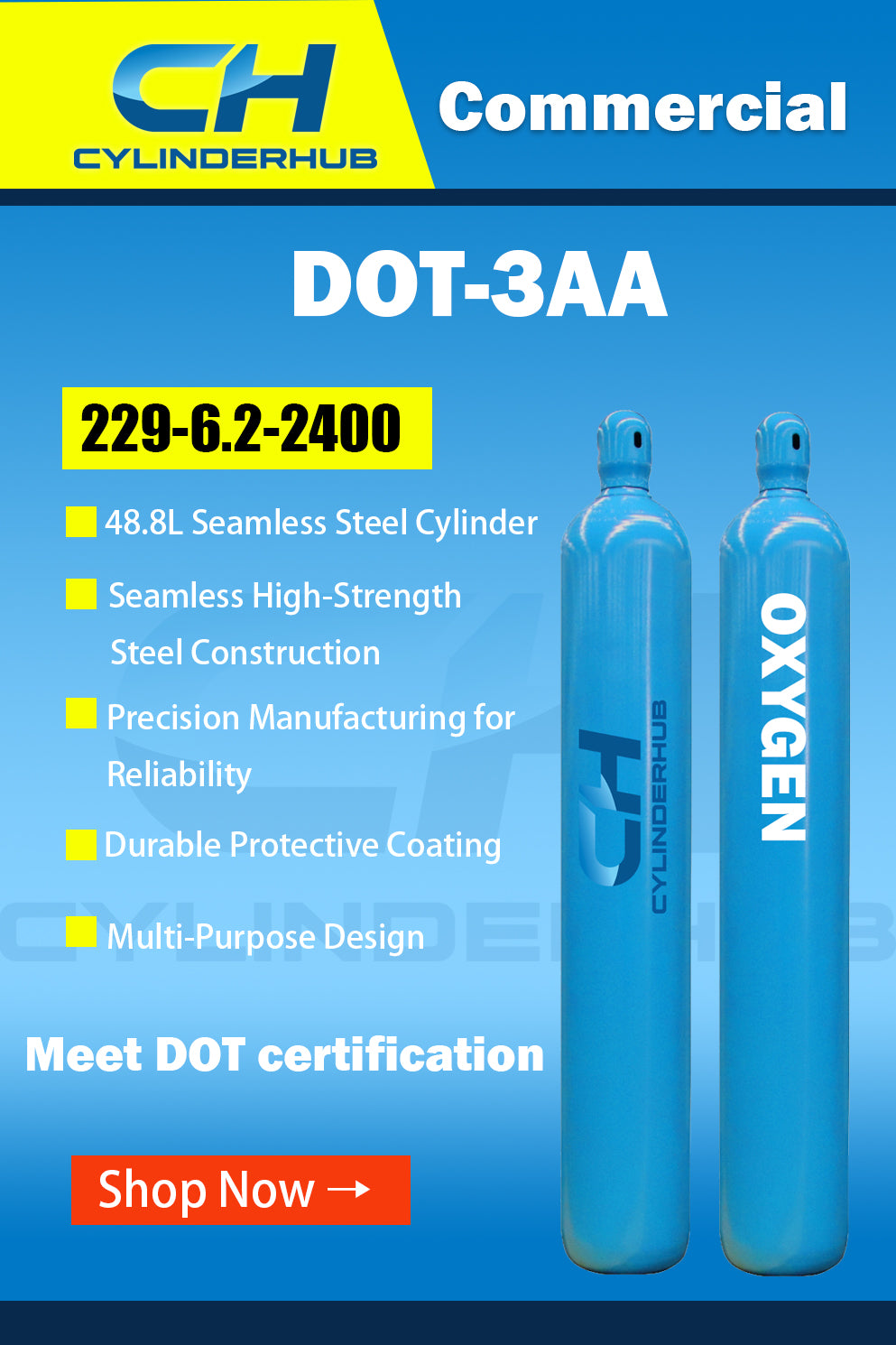 48.8L Seamless Steel Cylinder, Diameter 229mm